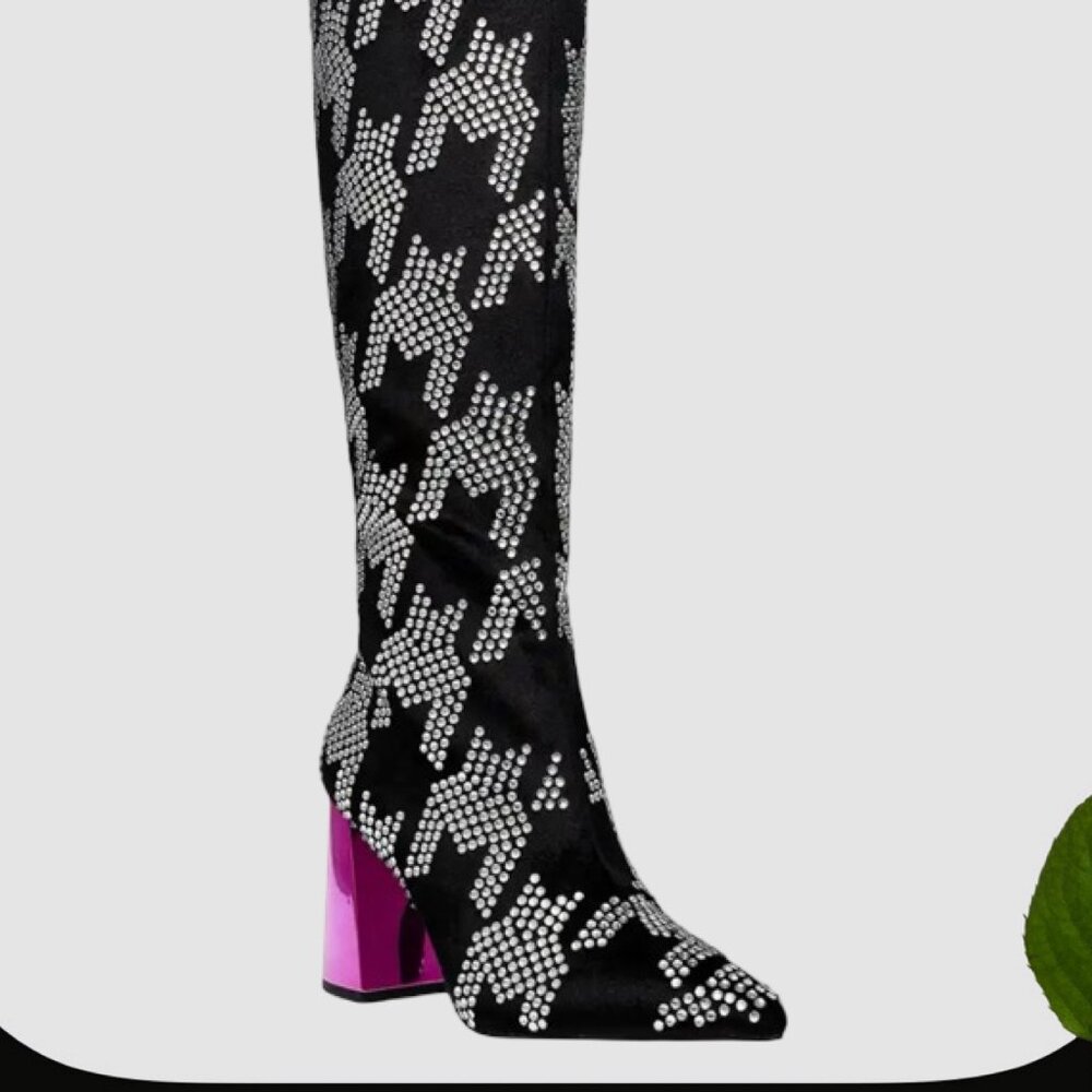 SIZE 9.5  Betsey Johnson Naomy Rhinestones Black Boots with Pink Metallic Heel
